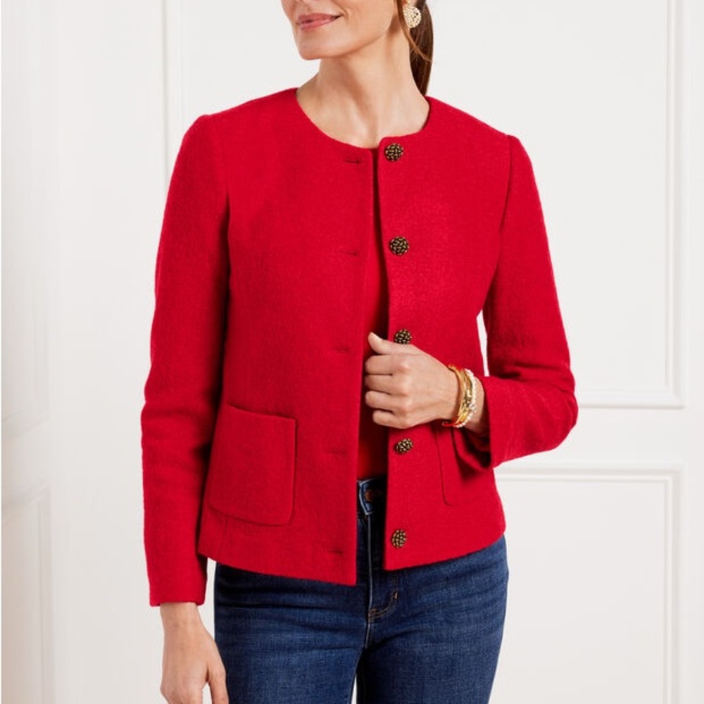 Talbots Red Collarless Wool Blend Button Jacket